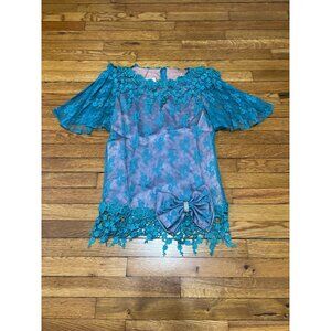 Vintage Patra Womens Evening Blouse Size 9 10 Teal Green Crochet Lace Overlay